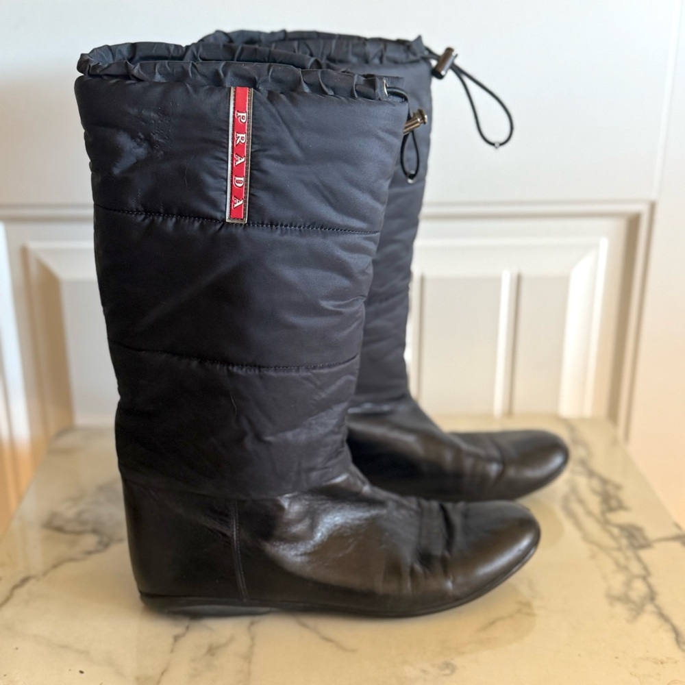 SOLD Prada Boots Winter Snow Black Leather Nylon Size 8.5